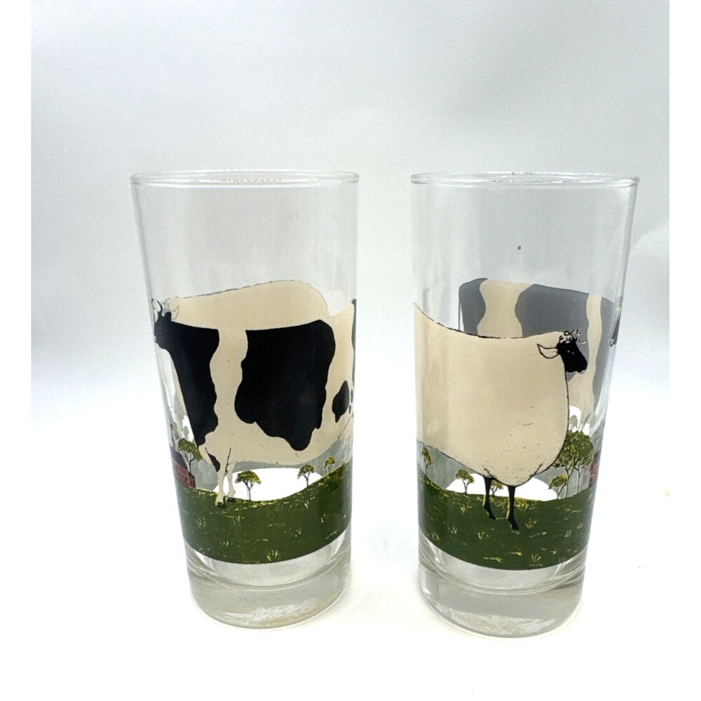 2 Vtg Warren Kimble Folk Art Farm Animals Tumblers, Cows,Sheep,Barn,Flag, 6in
